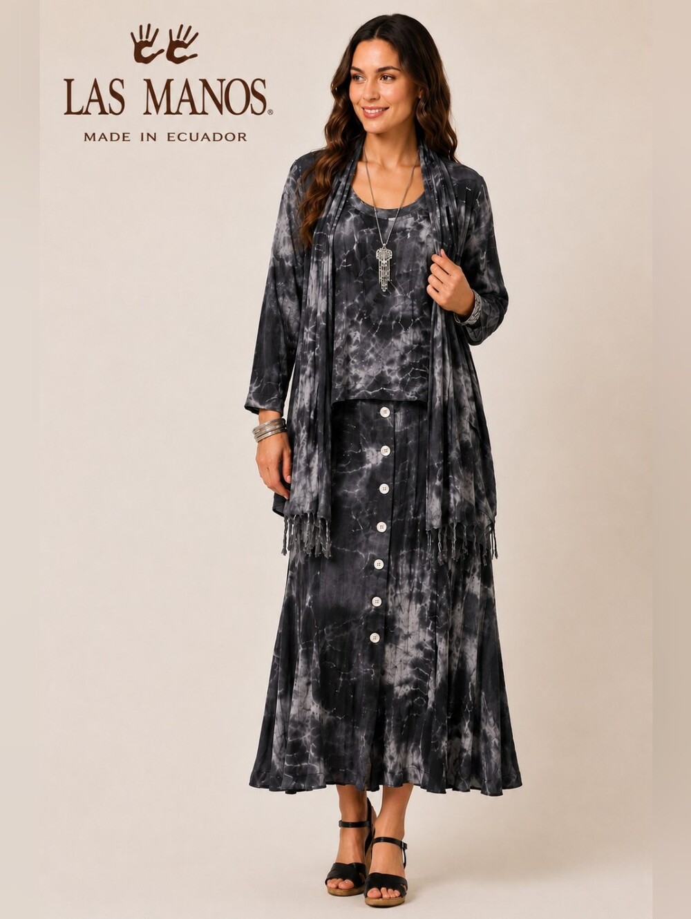 Las Manos Ecuador 3 Pc Set Tie Dye Maxi Skirt Top Gray Black Boho One Size